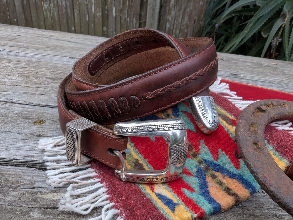 Vintage Western Laced Leather Belt By Brighton; Mens Unisex Brown Belt Size 38